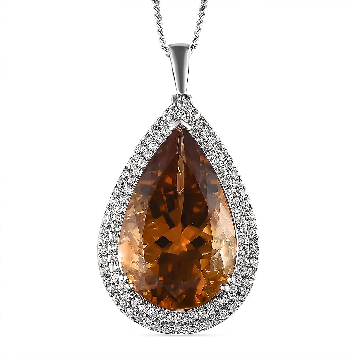 Serra Gaucha Citrine 3A,  White Zircon Chain and Solitaire Pendant in Platinum Overlay Sterling Silver 0.04 ct  Silver Wt. 13.3 Gms  32.040  Ct.