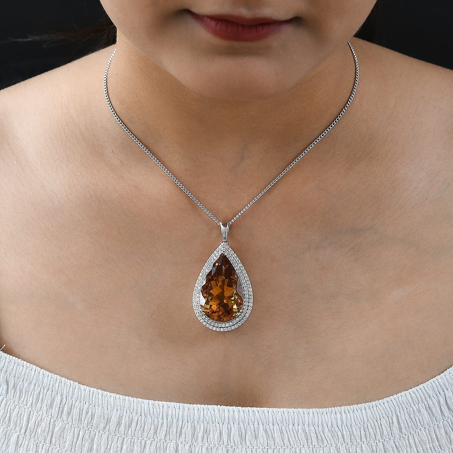 Serra Gaucha Citrine 3A,  White Zircon Chain and Solitaire Pendant in Platinum Overlay Sterling Silver 0.04 ct  Silver Wt. 13.3 Gms  32.040  Ct.