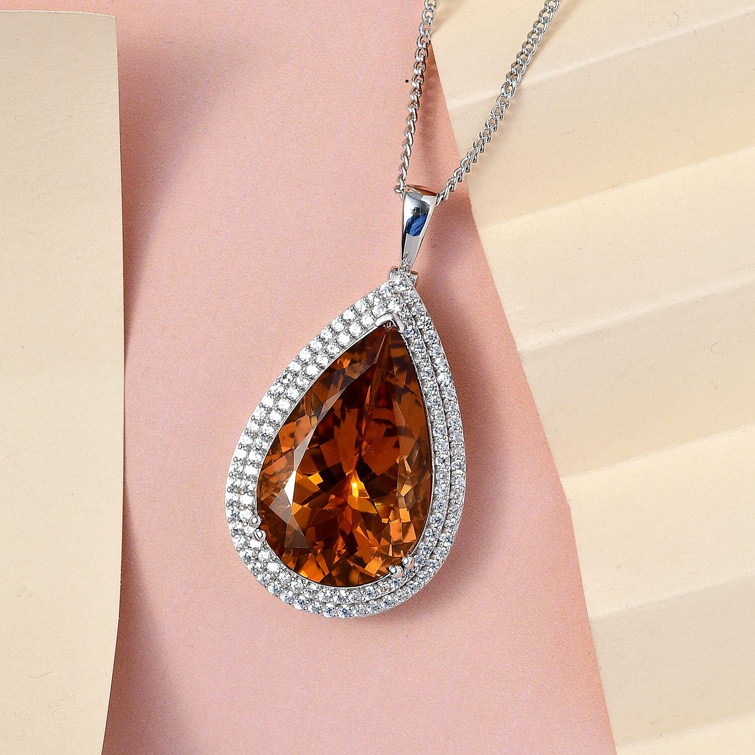 Serra Gaucha Citrine 3A,  White Zircon Chain and Solitaire Pendant in Platinum Overlay Sterling Silver 0.04 ct  Silver Wt. 13.3 Gms  32.040  Ct.