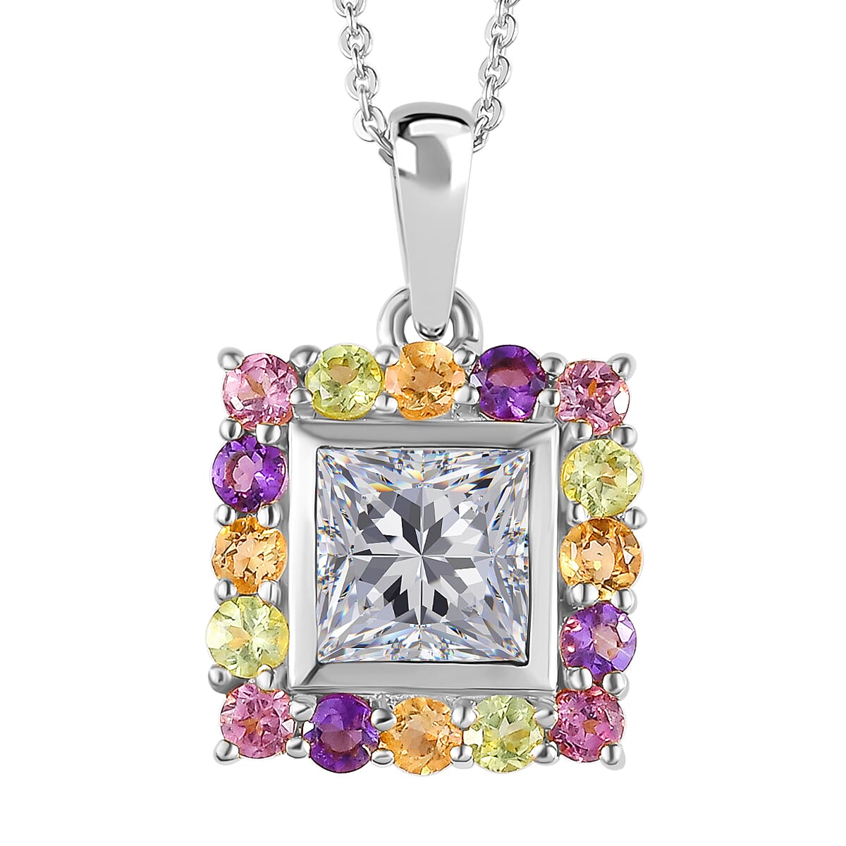 Moissanite and Multi Gemstone Pendant with Chain (Size - 20) in Platinum Overlay Sterling Silver 2.12 Ct