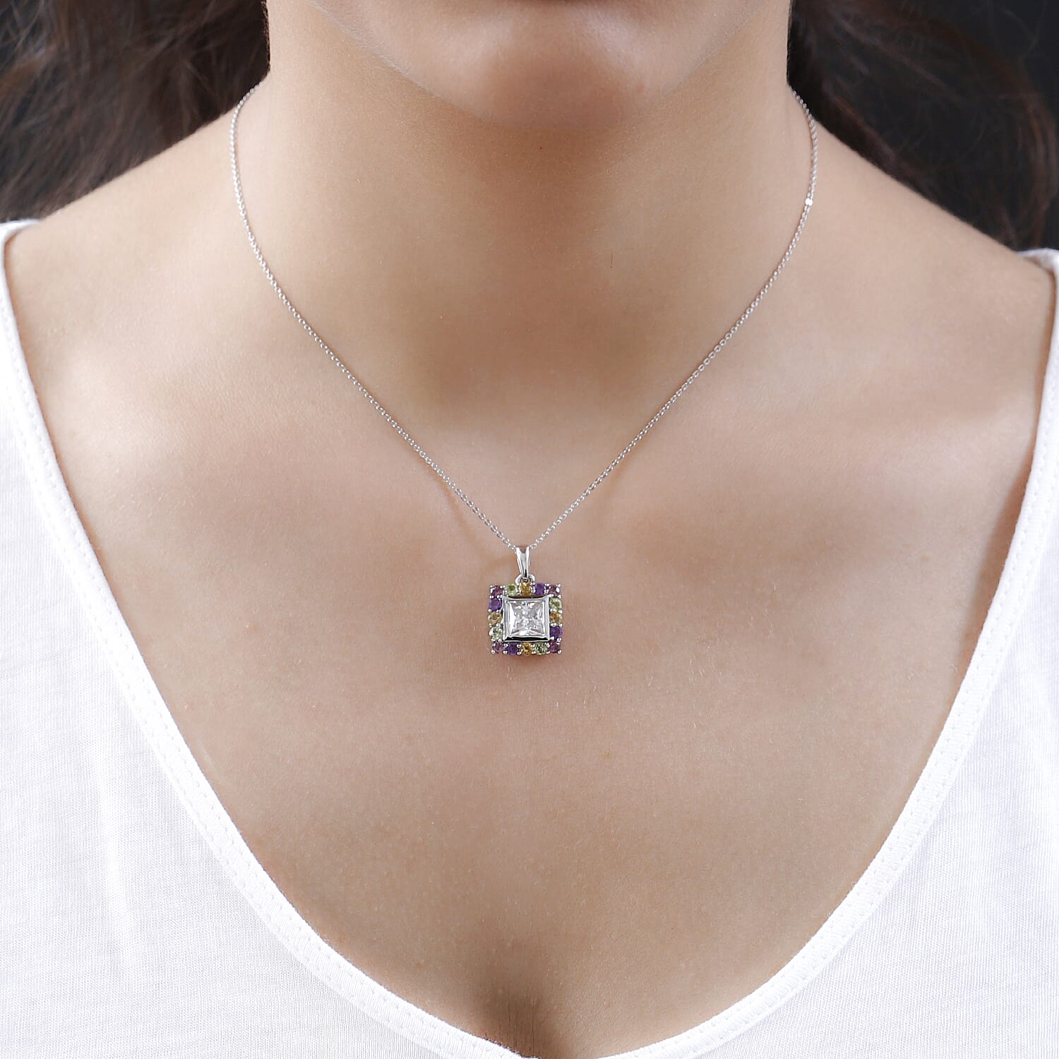 Moissanite and Multi Gemstone Pendant with Chain (Size - 20) in Platinum Overlay Sterling Silver 2.12 Ct