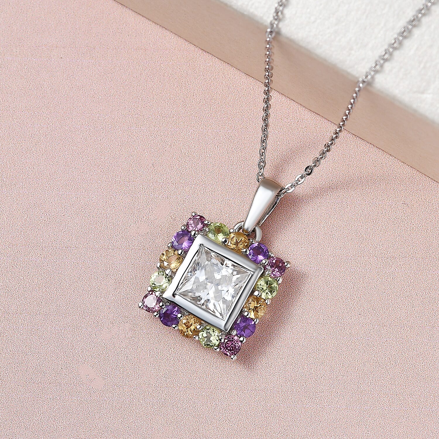 Moissanite and Multi Gemstone Pendant with Chain (Size - 20) in Platinum Overlay Sterling Silver 2.12 Ct