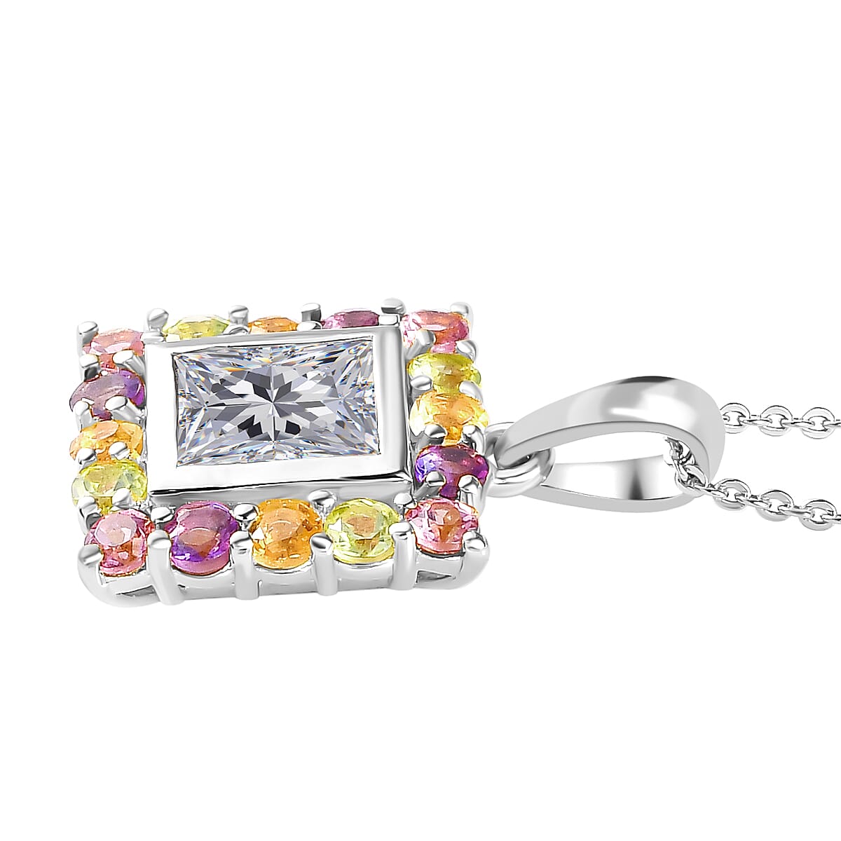 Moissanite and Multi Gemstone Pendant with Chain (Size - 20) in Platinum Overlay Sterling Silver 2.12 Ct