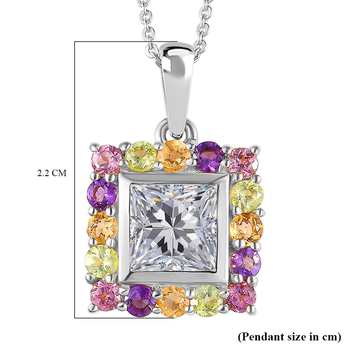 Moissanite and Multi Gemstone Pendant with Chain (Size - 20) in Platinum Overlay Sterling Silver 2.12 Ct