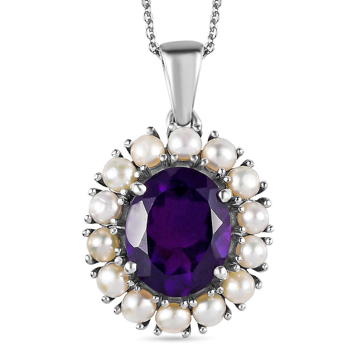 Amethyst and Fresh Water Pearl Pendant with Chain (Size - 20) in Platinum Overlay Sterling Silver 6.55 Ct