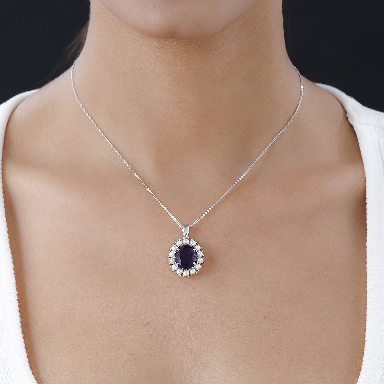 Amethyst and Fresh Water Pearl Pendant with Chain (Size - 20) in Platinum Overlay Sterling Silver 6.55 Ct