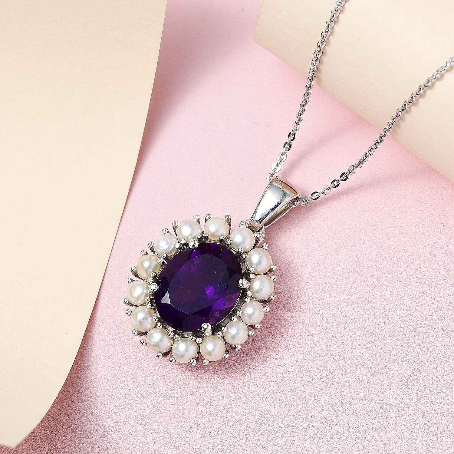 Amethyst and Fresh Water Pearl Pendant with Chain (Size - 20) in Platinum Overlay Sterling Silver 6.55 Ct