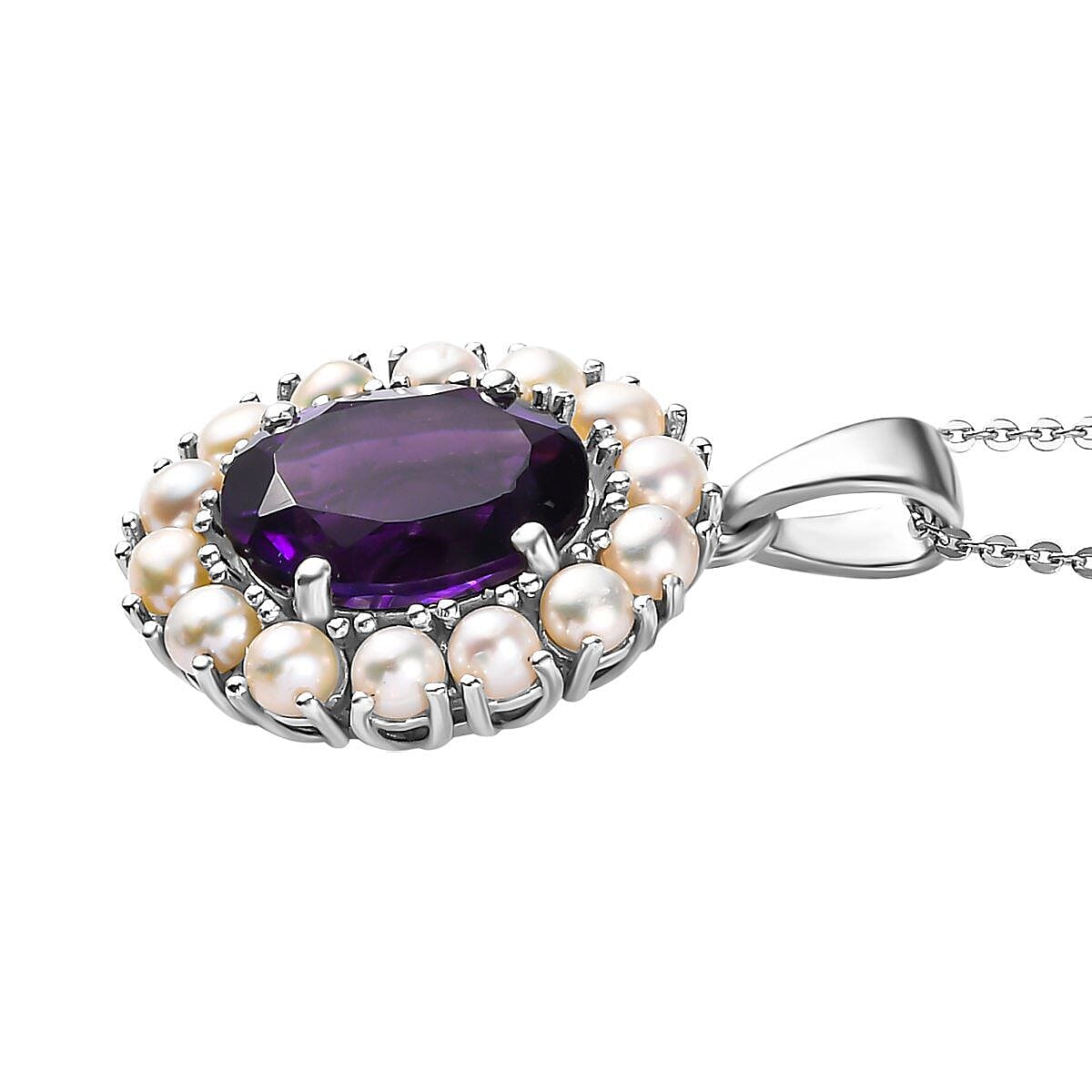 Amethyst and Fresh Water Pearl Pendant with Chain (Size - 20) in Platinum Overlay Sterling Silver 6.55 Ct