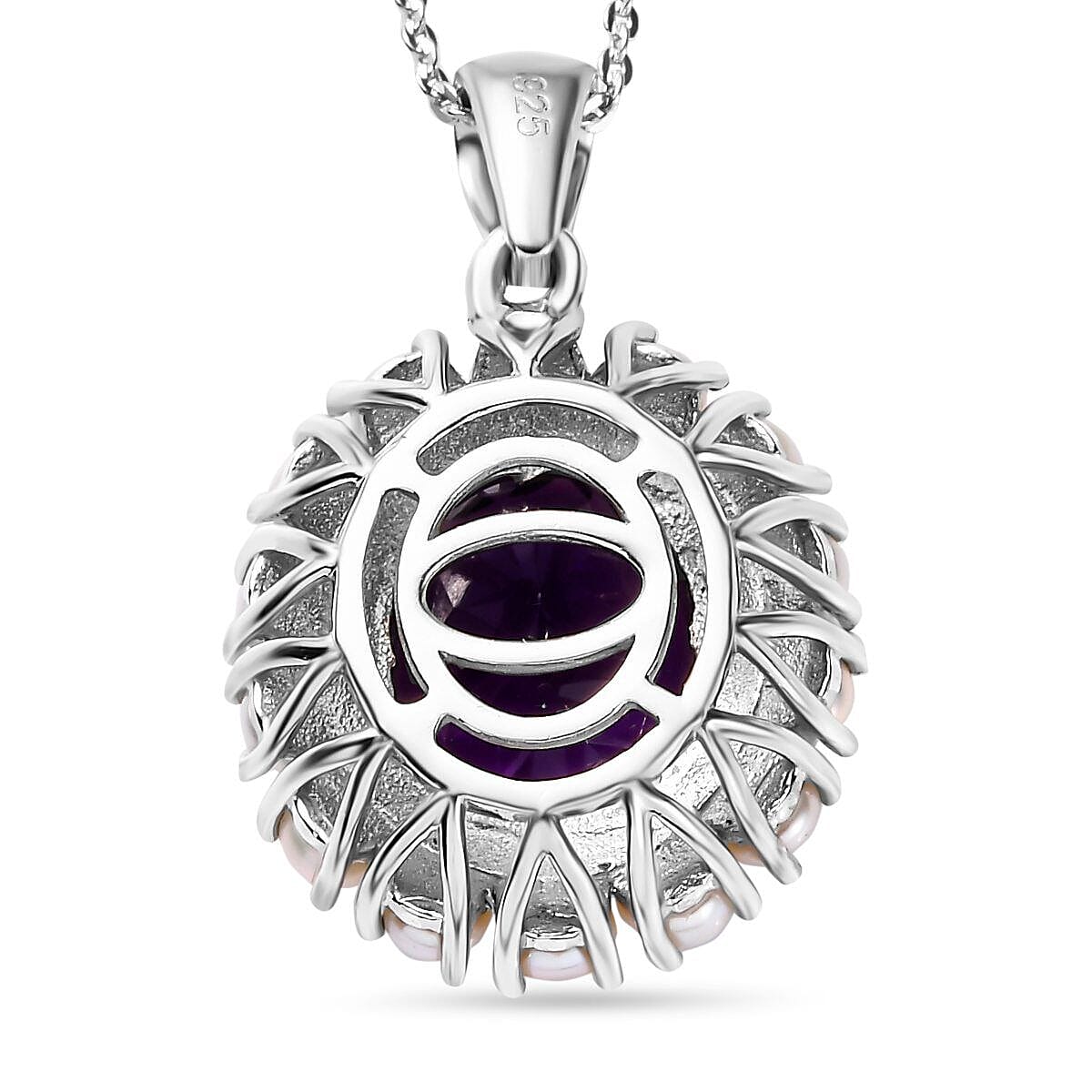 Amethyst and Fresh Water Pearl Pendant with Chain (Size - 20) in Platinum Overlay Sterling Silver 6.55 Ct