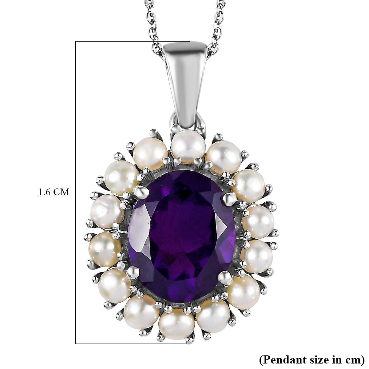 Amethyst and Fresh Water Pearl Pendant with Chain (Size - 20) in Platinum Overlay Sterling Silver 6.55 Ct