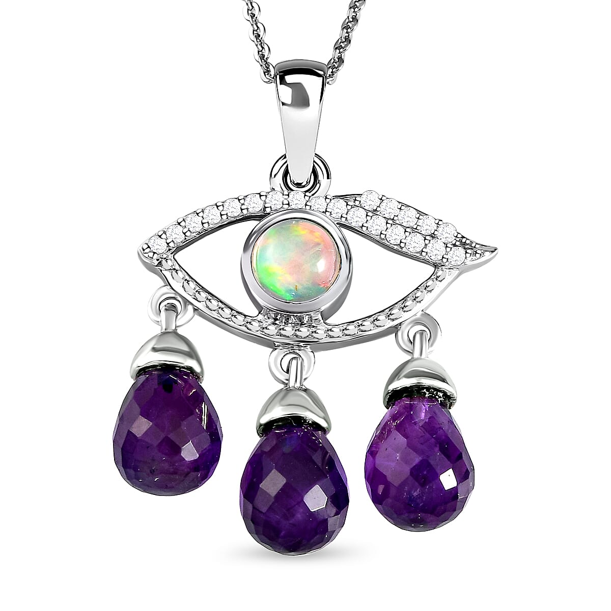 GP Evil Eye Collection - Amethyst, Ethiopian Welo Opal and Natural Cambodian Zircon Pendat with Chain (Size 20) in Platinum Overlay Sterling Silver 7.010 Ct, Silver Wt 5.01 Gms
