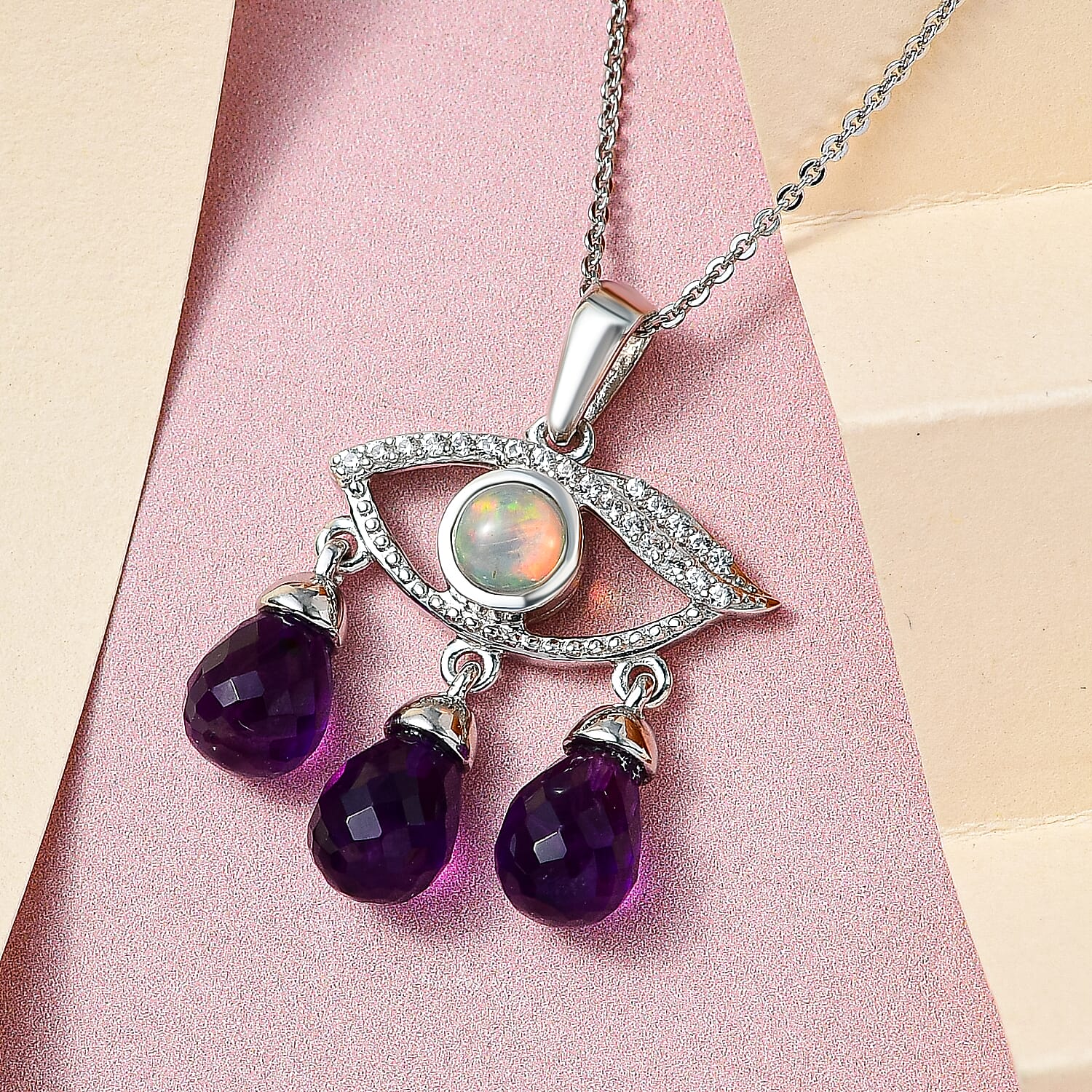 GP Evil Eye Collection - Amethyst, Ethiopian Welo Opal and Natural Cambodian Zircon Pendat with Chain (Size 20) in Platinum Overlay Sterling Silver 7.010 Ct, Silver Wt 5.01 Gms