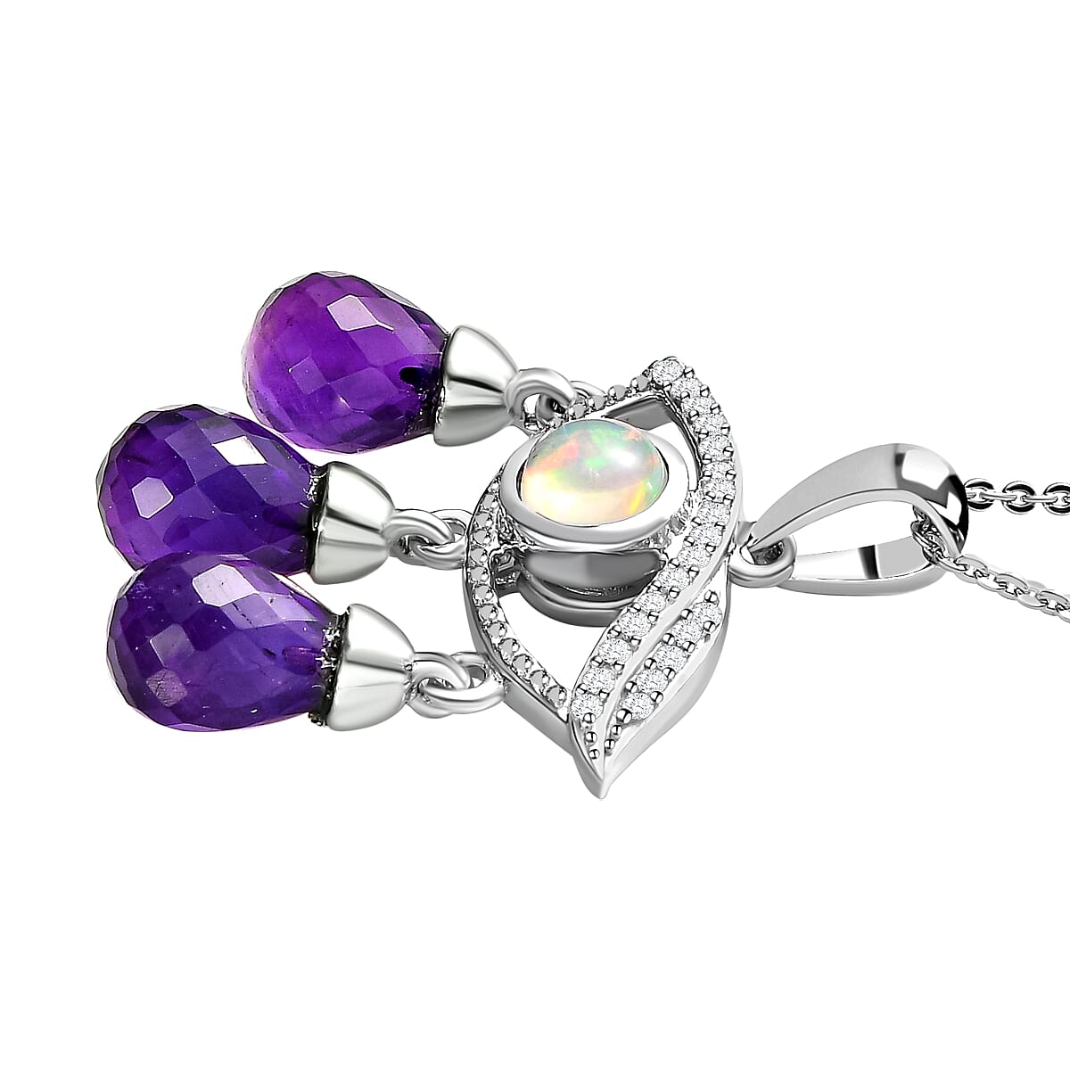 GP Evil Eye Collection - Amethyst, Ethiopian Welo Opal and Natural Cambodian Zircon Pendat with Chain (Size 20) in Platinum Overlay Sterling Silver 7.010 Ct, Silver Wt 5.01 Gms