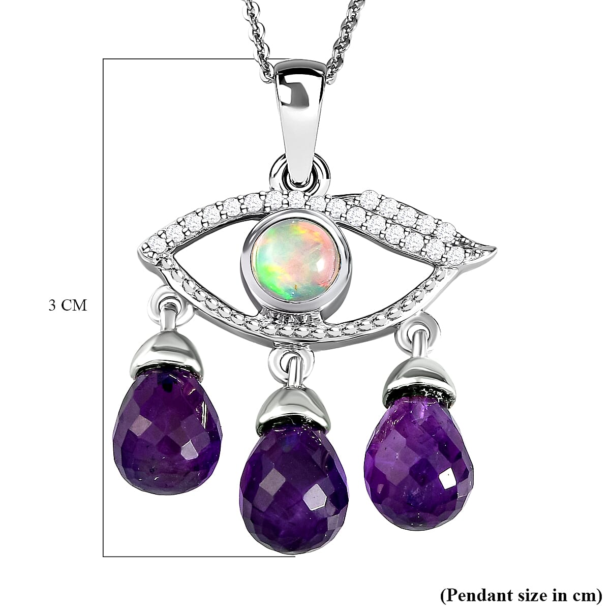 GP Evil Eye Collection - Amethyst, Ethiopian Welo Opal and Natural Cambodian Zircon Pendat with Chain (Size 20) in Platinum Overlay Sterling Silver 7.010 Ct, Silver Wt 5.01 Gms