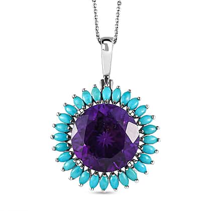 Piece Set African Amethyst, Sleeping Beauty Turquoise Chain (Size 20  and Main Stone With Side Stone Pendant in Platinum Overlay Sterling