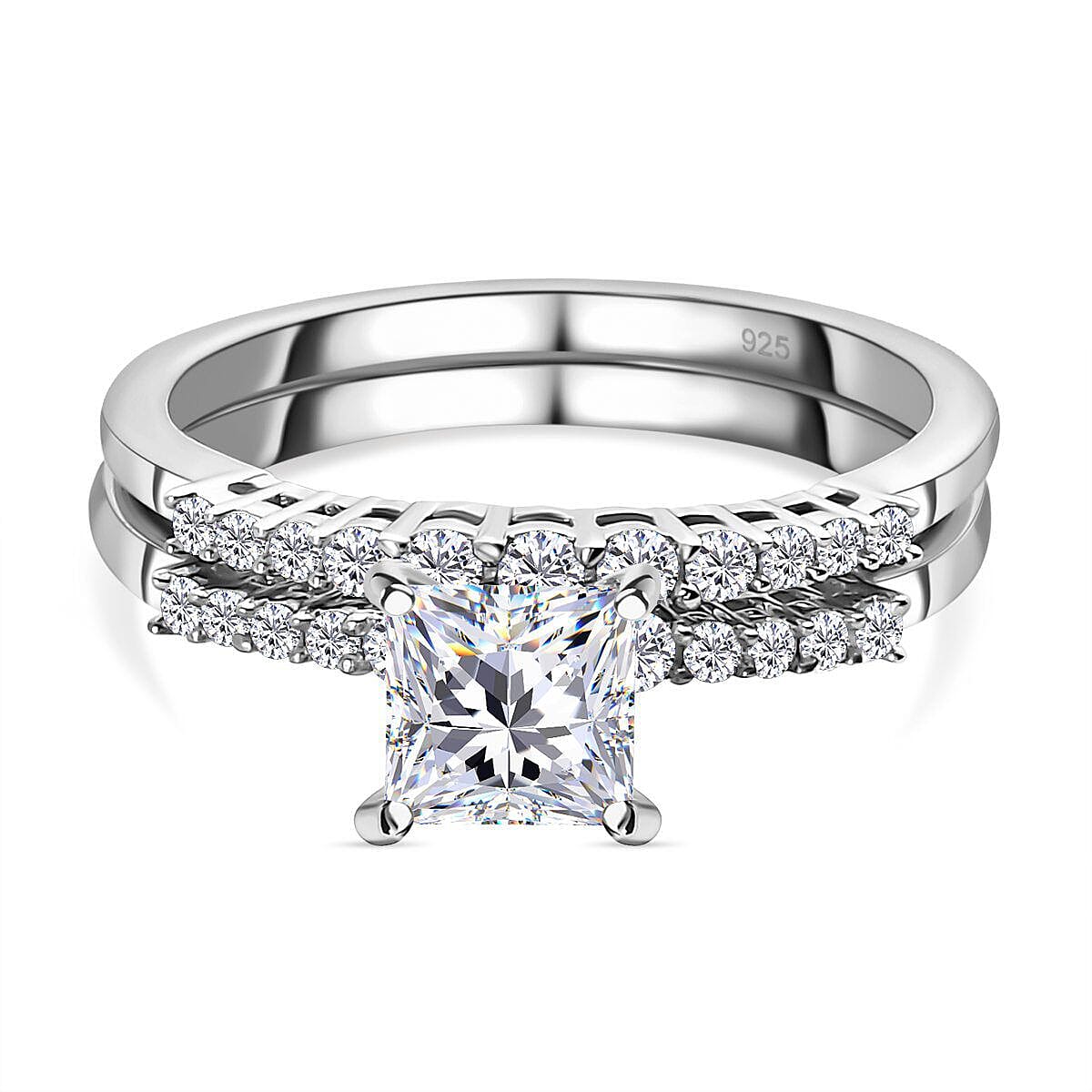 Set of 2 -  Moissanite Ring in Platinum Overlay Sterling Silver