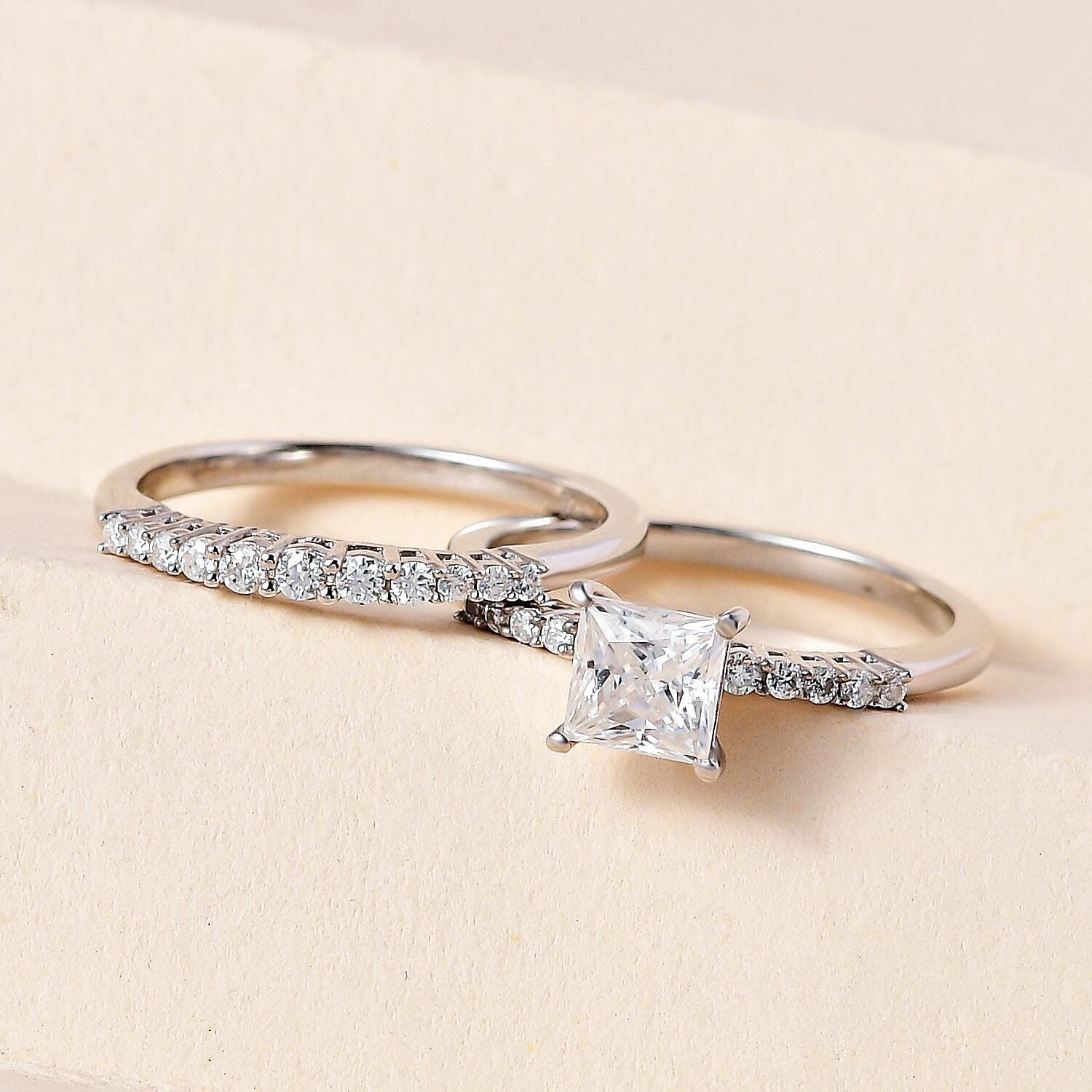 Set of 2 -  Moissanite Ring in Platinum Overlay Sterling Silver
