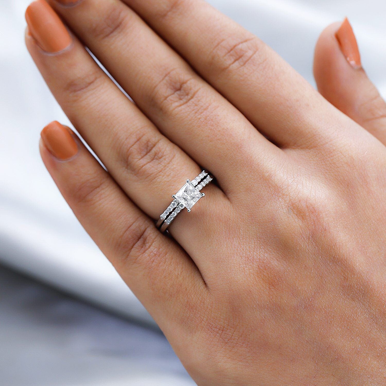 Set of 2 -  Moissanite Ring in Platinum Overlay Sterling Silver