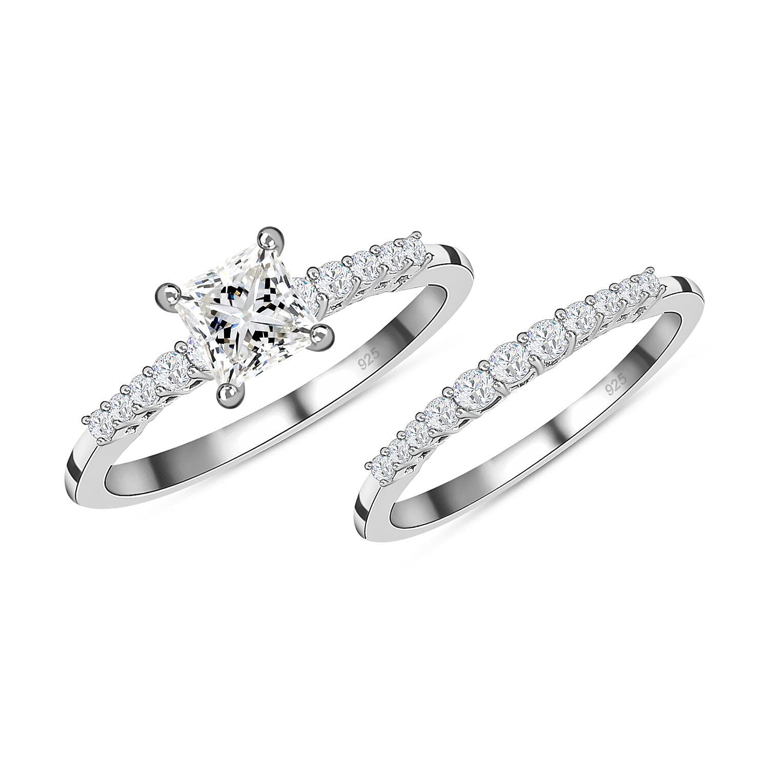 Set of 2 -  Moissanite Ring in Platinum Overlay Sterling Silver
