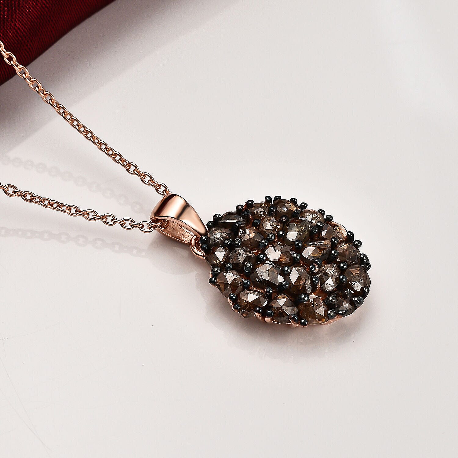 Biggest Natural Champagne Diamond (Rose Cut) Cluster Pendant with Chain (Size- 20) in 18K Vermeil Rose Gold Plated Sterling Silver 3.25 Ct.