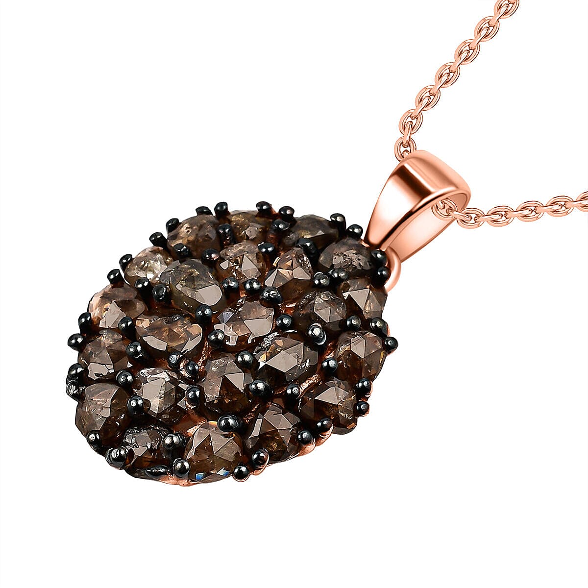 Biggest Natural Champagne Diamond (Rose Cut) Cluster Pendant with Chain (Size- 20) in 18K Vermeil Rose Gold Plated Sterling Silver 3.25 Ct.