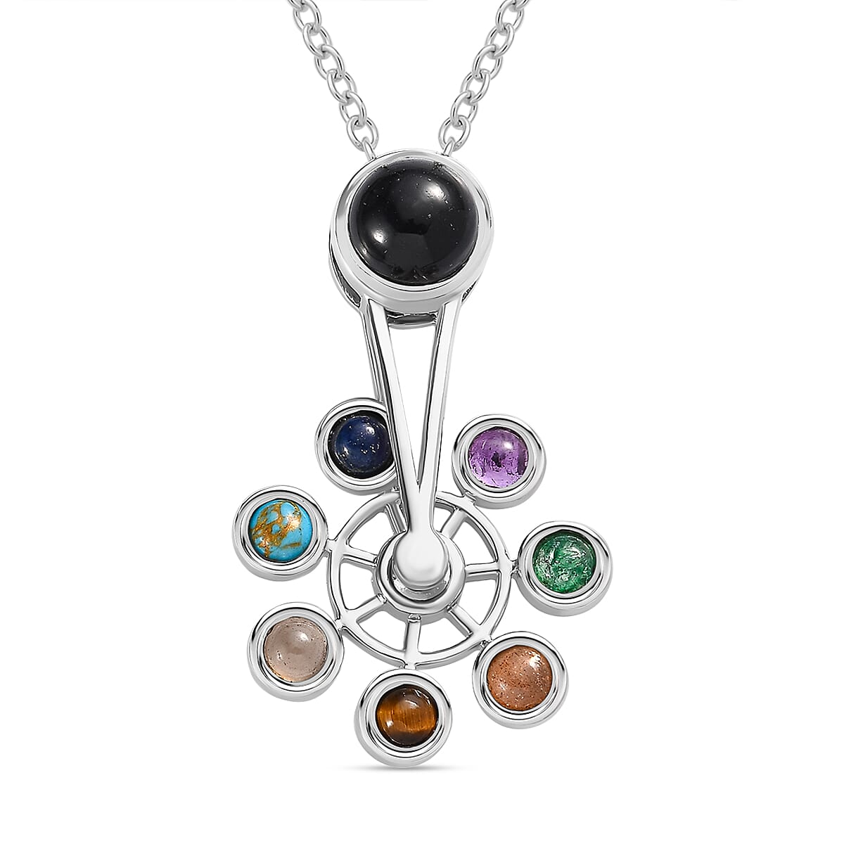 Black Onyx & Multi Gemstone Wheel Pendant With Chain (Size 20)