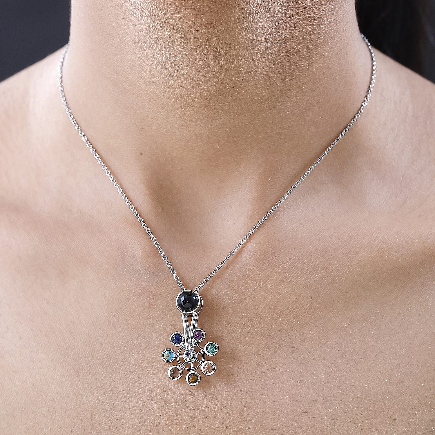 Black Onyx & Multi Gemstone Wheel Pendant With Chain (Size 20)