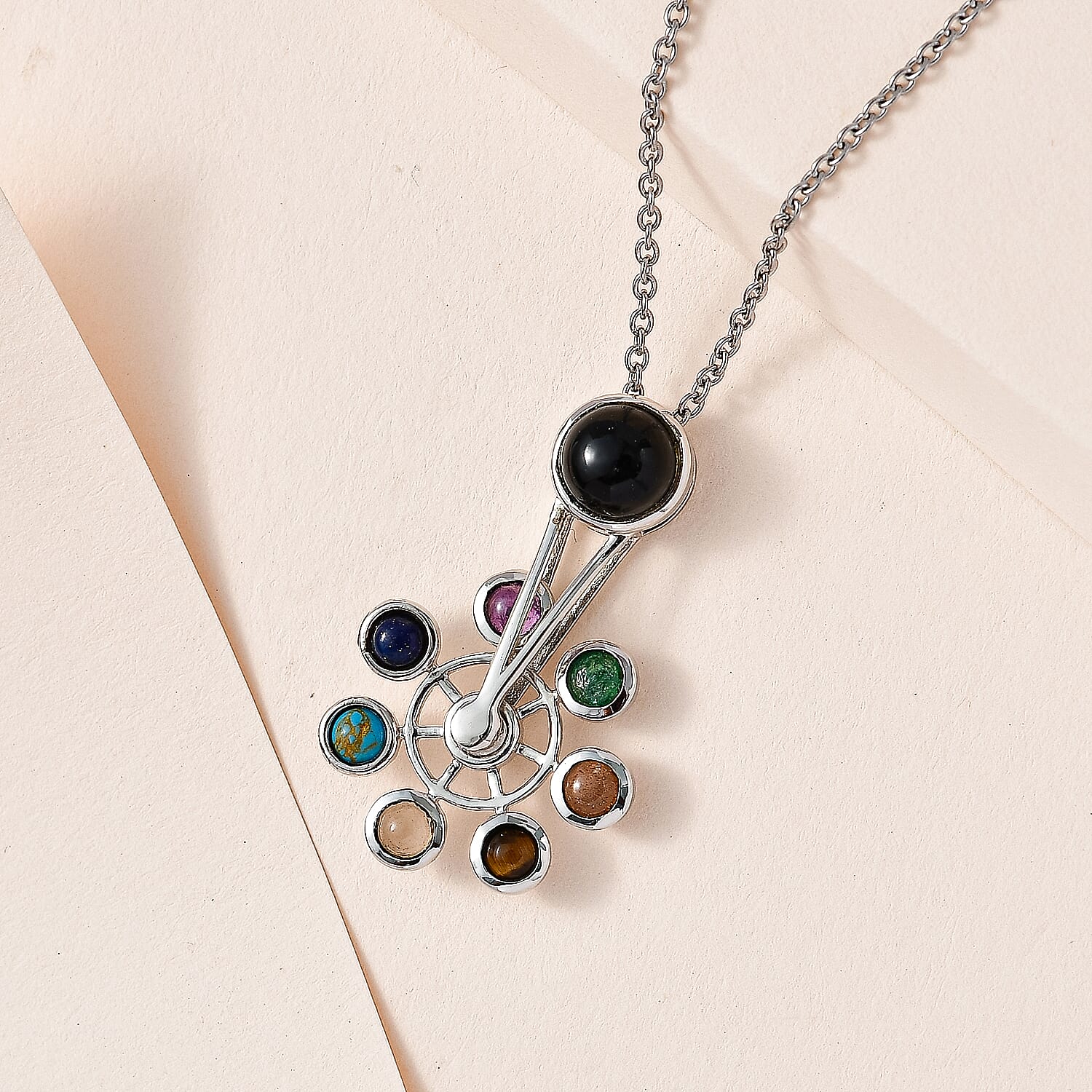 Black Onyx & Multi Gemstone Wheel Pendant With Chain (Size 20)