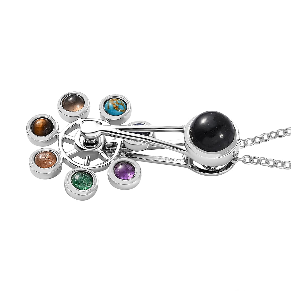 Black Onyx & Multi Gemstone Wheel Pendant With Chain (Size 20)