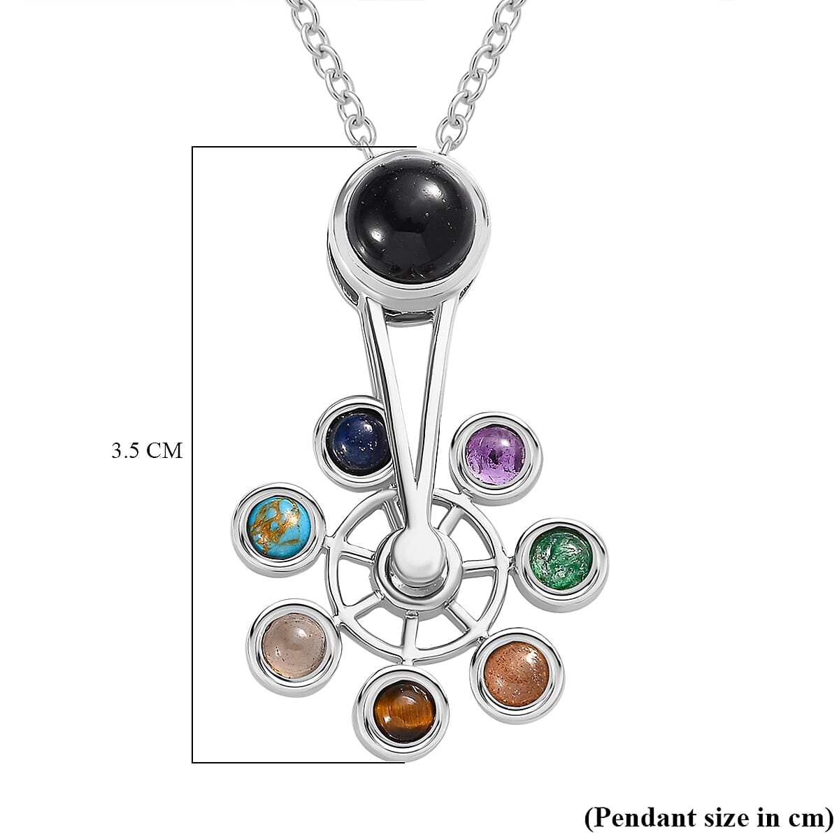 Black Onyx & Multi Gemstone Wheel Pendant With Chain (Size 20)