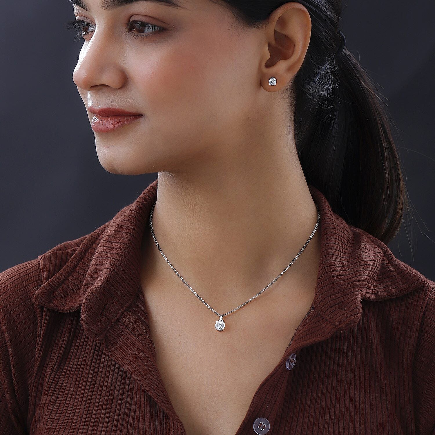 Bangkok Closeout Deal - 2 Piece Set - Simulated Diamond Pendant with Chain (Size - 20) and Stud Earrings in Sterling Silver