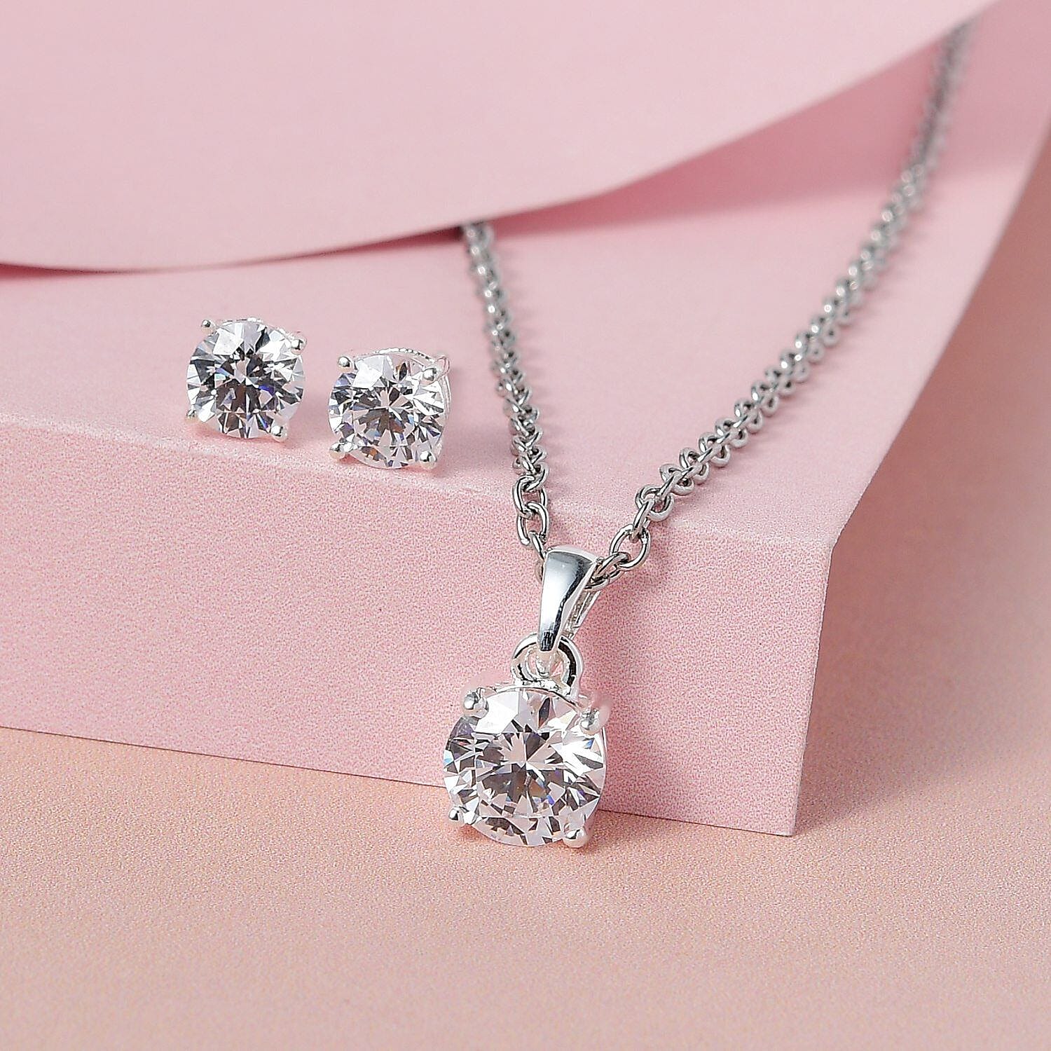 Bangkok Closeout Deal - 2 Piece Set - Simulated Diamond Pendant with Chain (Size - 20) and Stud Earrings in Sterling Silver