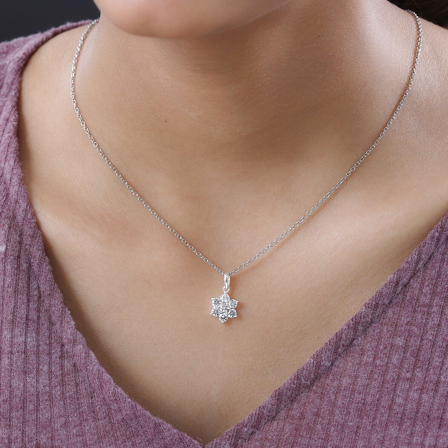 NY Closeout - Simulated Diamond Cluster Floral Pendant Sterling Silver  (Size - 20)