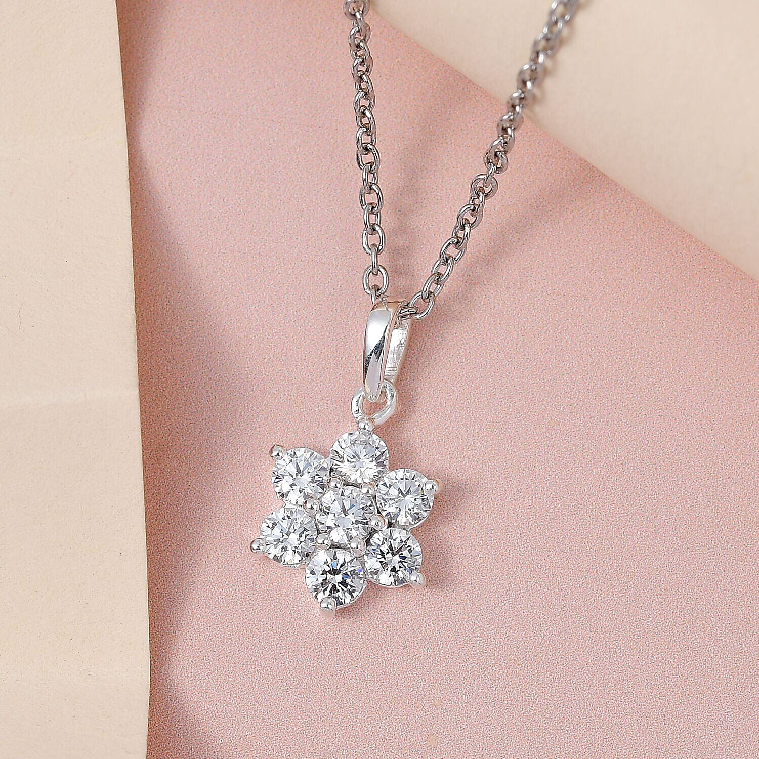 NY Closeout - Simulated Diamond Cluster Floral Pendant Sterling Silver  (Size - 20)