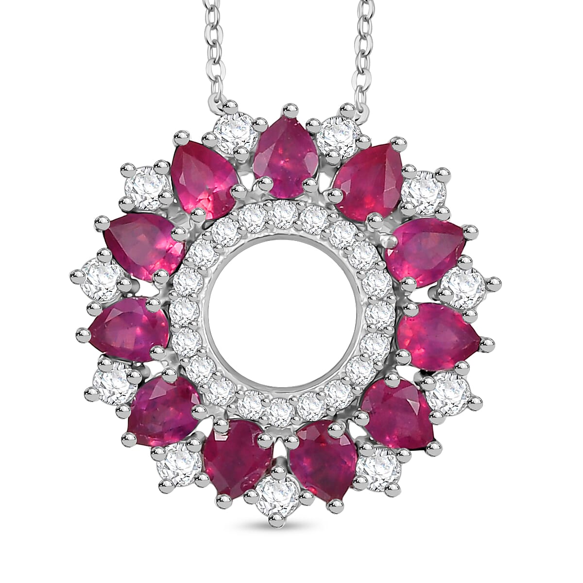African Ruby & White Zircon Pendant with Chain (Size 20) in Rhodium Overlay Sterling Silver 3.15 Ct.