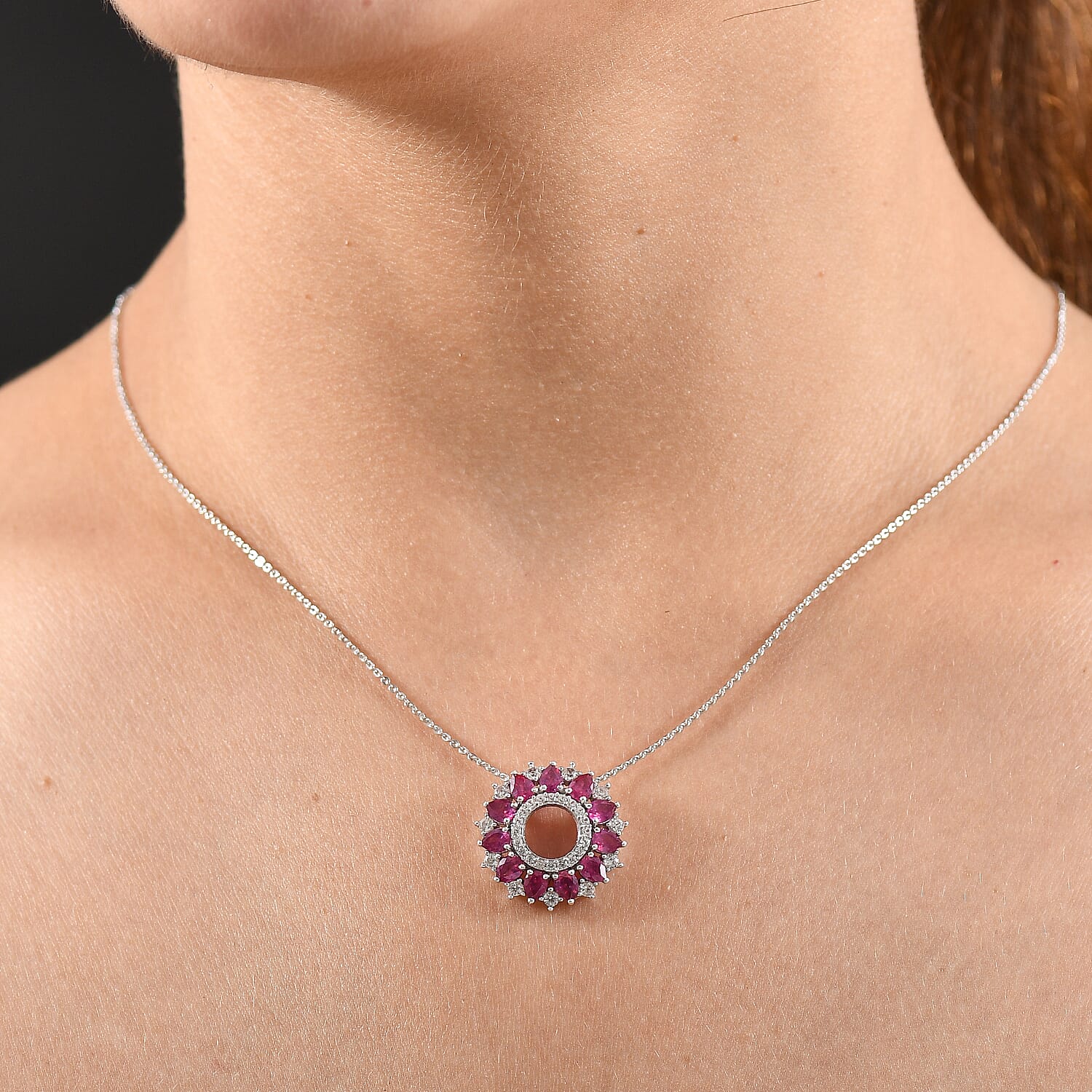 African Ruby & White Zircon Pendant with Chain (Size 20) in Rhodium Overlay Sterling Silver 3.15 Ct.