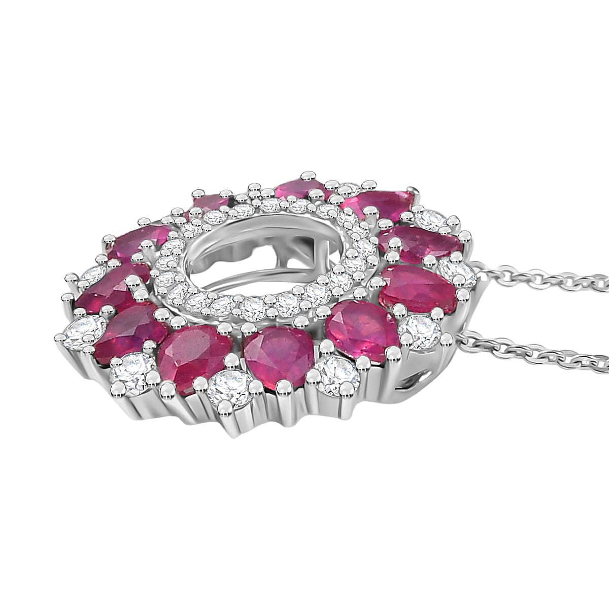 African Ruby & White Zircon Pendant with Chain (Size 20) in Rhodium Overlay Sterling Silver 3.15 Ct.