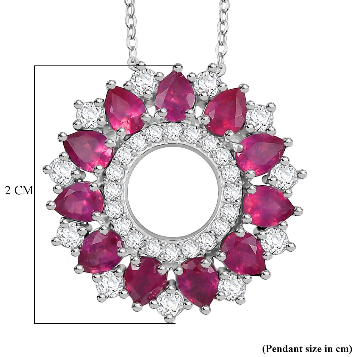 African Ruby & White Zircon Pendant with Chain (Size 20) in Rhodium Overlay Sterling Silver 3.15 Ct.