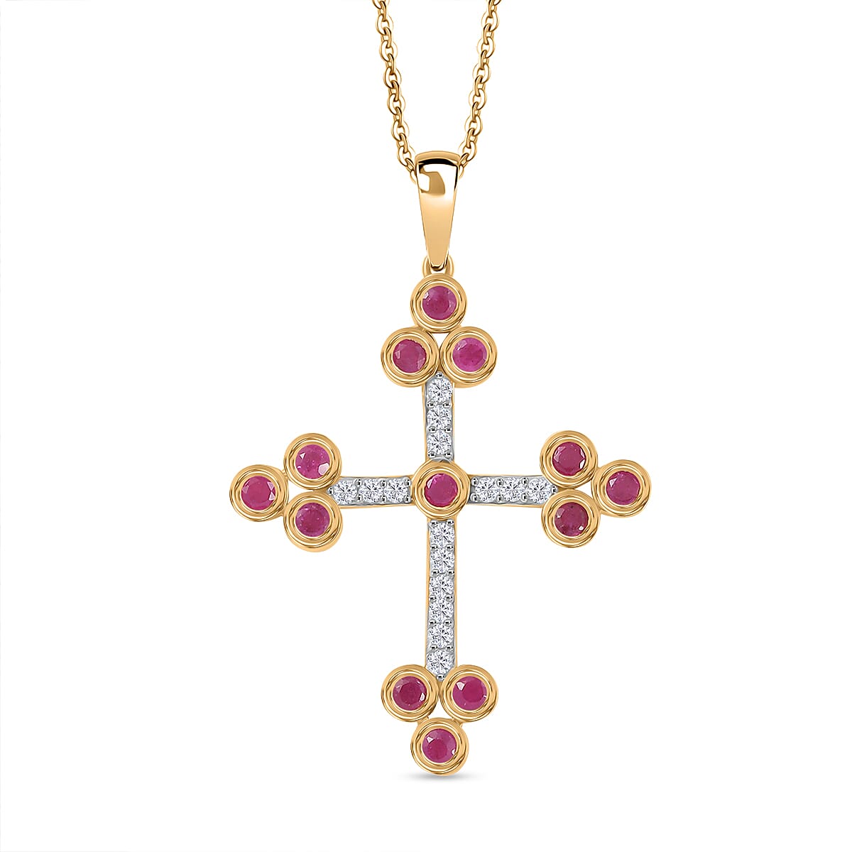 African Ruby & White Zircon Pendant with Chain (Size 20) in 14K Yellow Gold Plated 2.50 Ct, Silver Wt. 5.52 Gms.