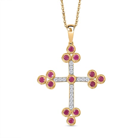 African Ruby & White Zircon Cross Pendant with Chain (Size 20) in 18K Vermeil Yellow Gold Plated Sterling Silver 2.50 Ct