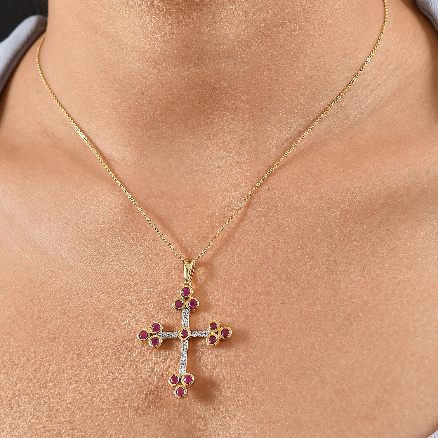 African Ruby & White Zircon Pendant with Chain (Size 20) in 14K Yellow Gold Plated 2.50 Ct, Silver Wt. 5.52 Gms.