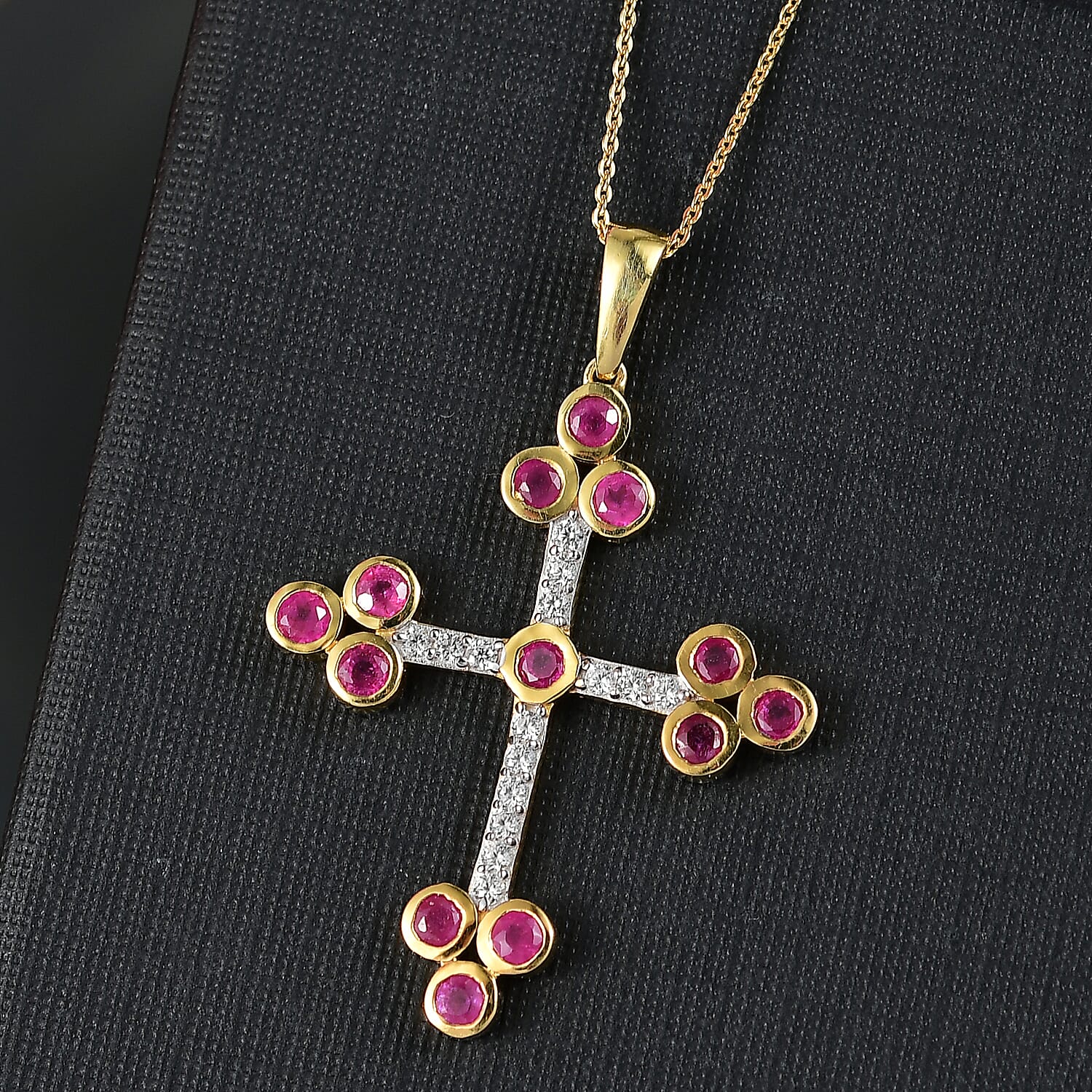 African Ruby & White Zircon Pendant with Chain (Size 20) in 14K Yellow Gold Plated 2.50 Ct, Silver Wt. 5.52 Gms.