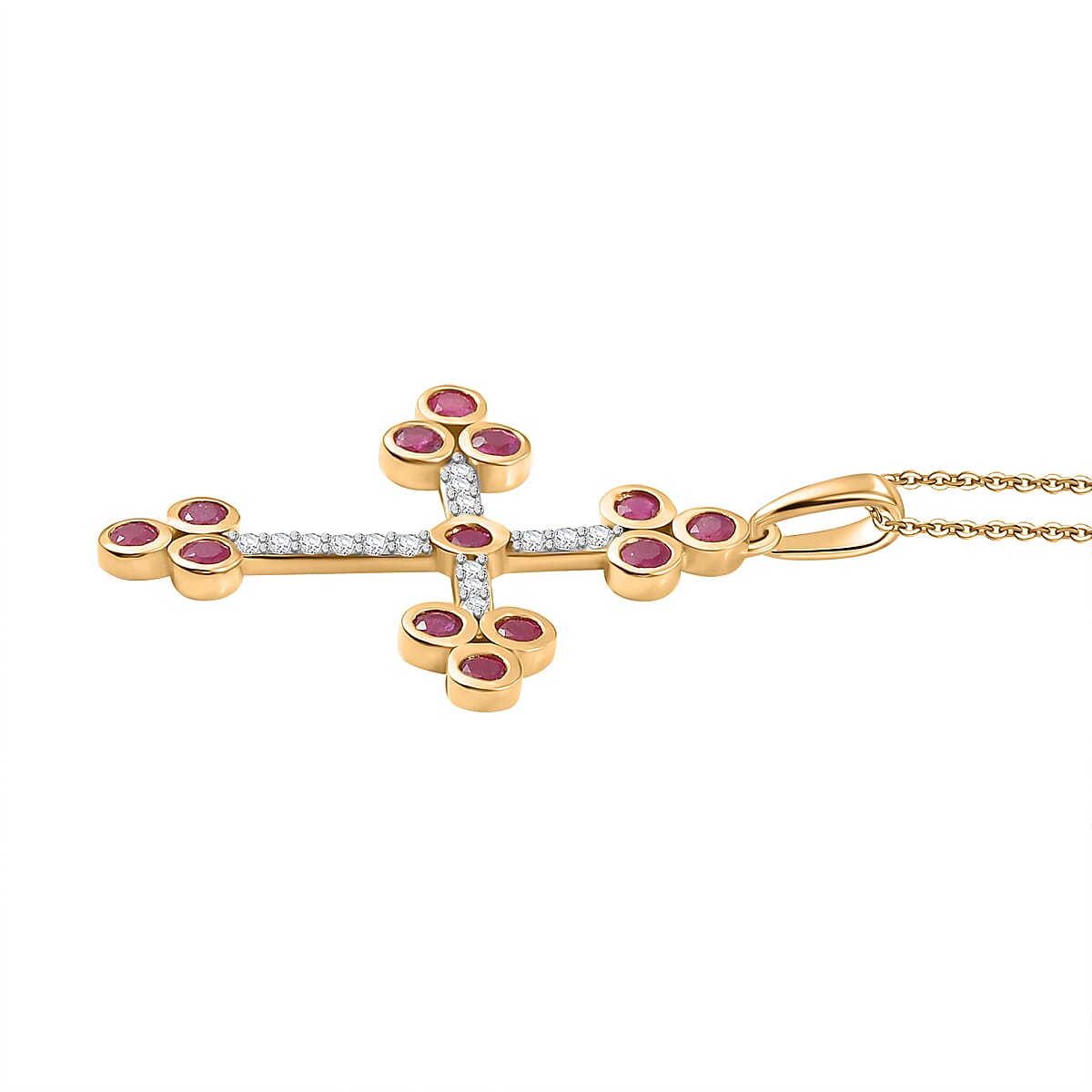 African Ruby & White Zircon Pendant with Chain (Size 20) in 14K Yellow Gold Plated 2.50 Ct, Silver Wt. 5.52 Gms.