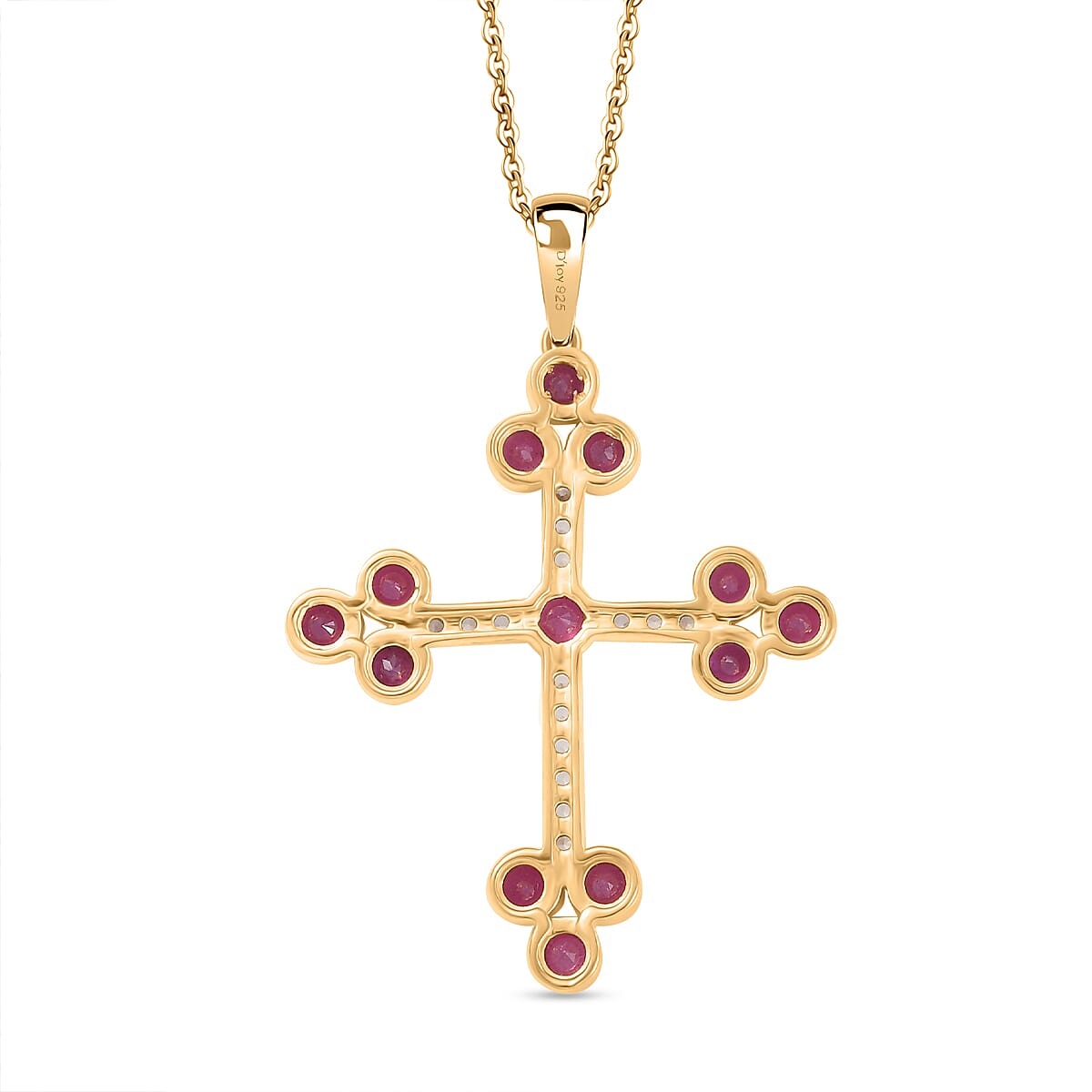 African Ruby & White Zircon Pendant with Chain (Size 20) in 14K Yellow Gold Plated 2.50 Ct, Silver Wt. 5.52 Gms.