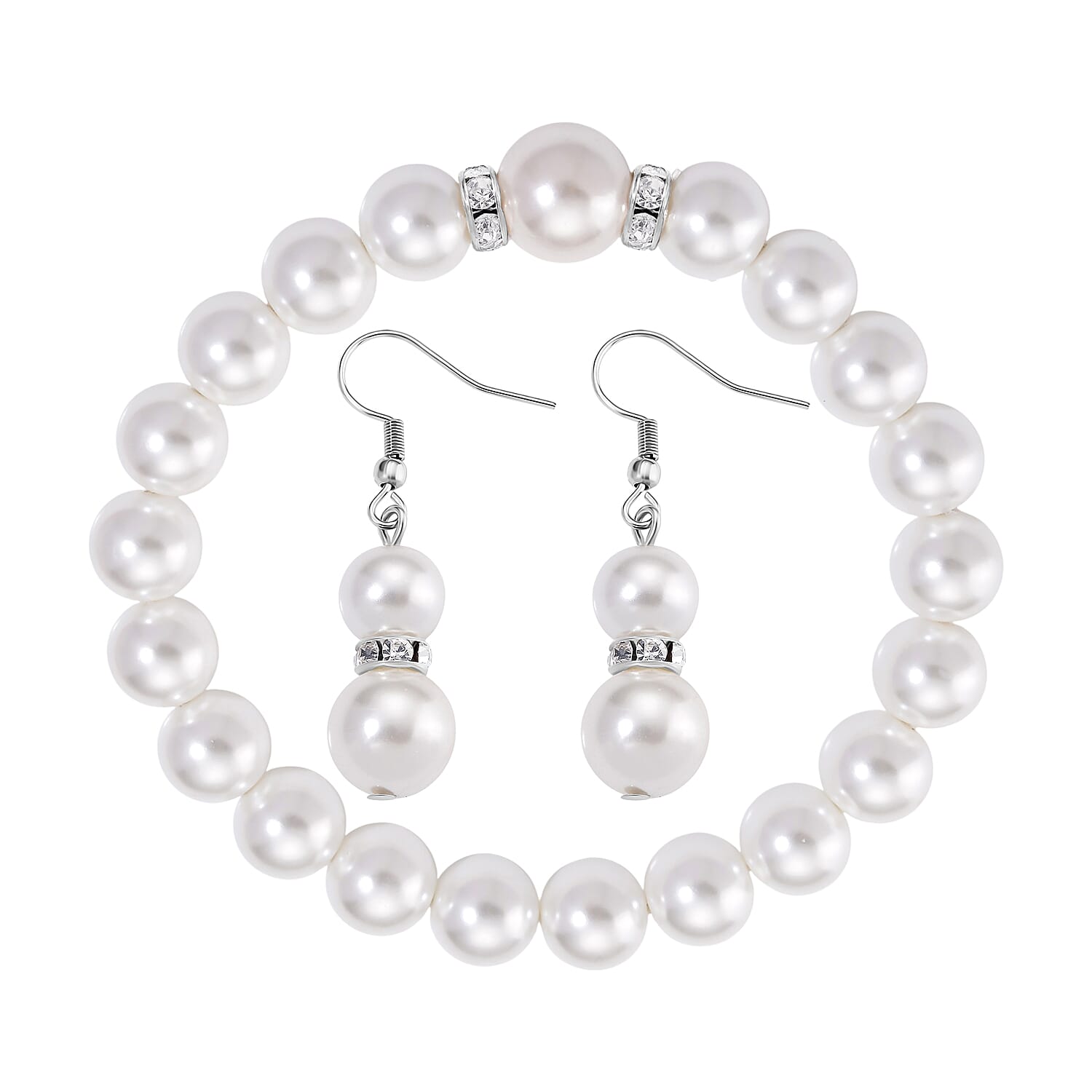 2 Piece Set - White Shell Pearl & Austrian White Crystal Earring with Hook & Strechable Bracelet (Size - 7.5) 169.00 Ct.