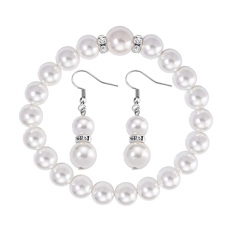 2 Piece Set - White Shell Pearl & Austrian White Crystal Earring with Hook & Strechable Bracelet (Size - 7.5) 169.00 Ct.