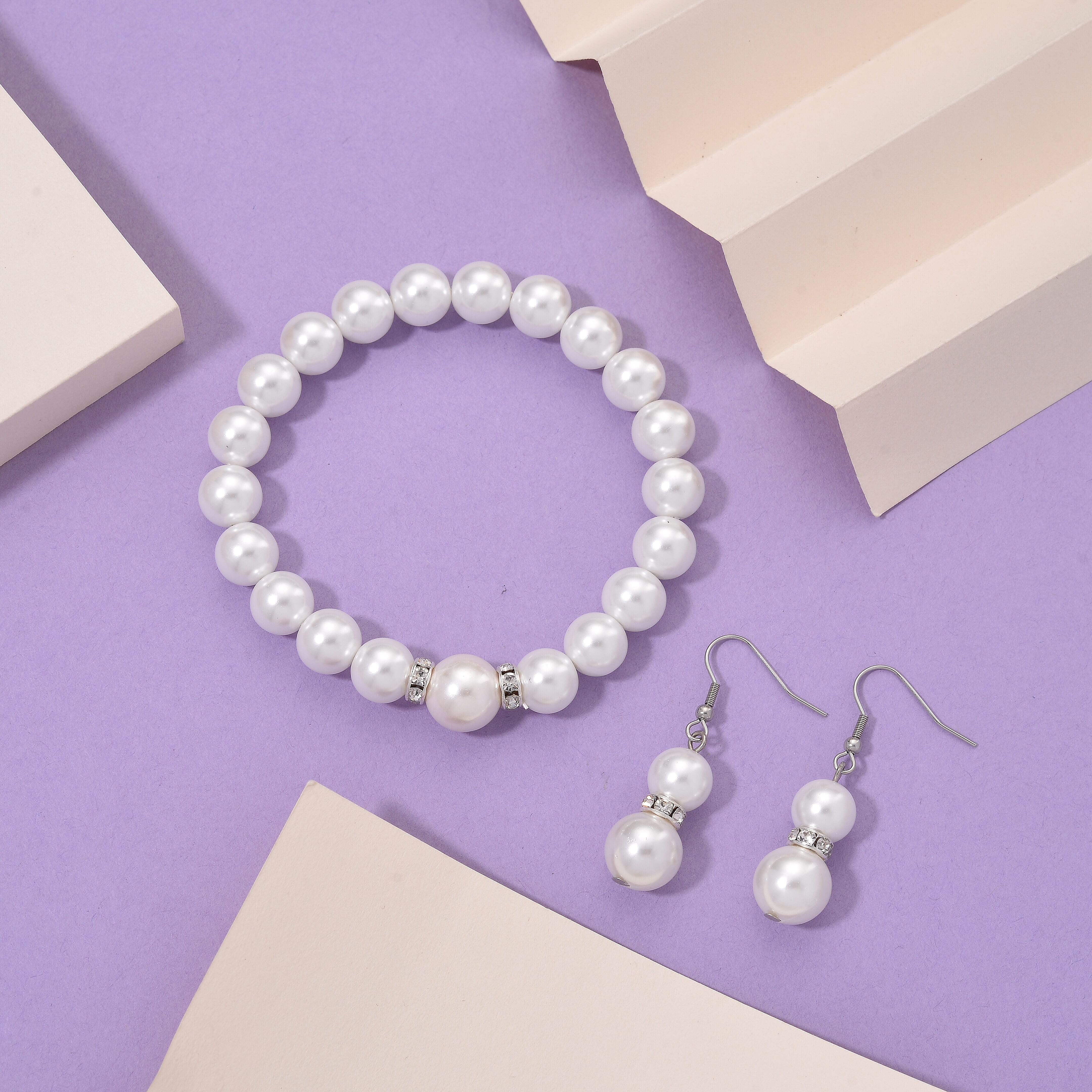 2 Piece Set - White Shell Pearl & Austrian White Crystal Earring with Hook & Strechable Bracelet (Size - 7.5) 169.00 Ct.
