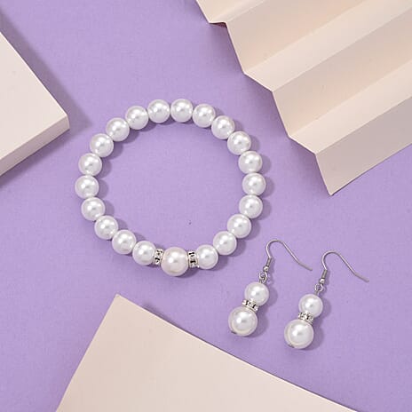 2 Piece Set - White Shell Pearl & Austrian White Crystal Earring with Hook & Strechable Bracelet (Size - 7.5) 169.00 Ct.
