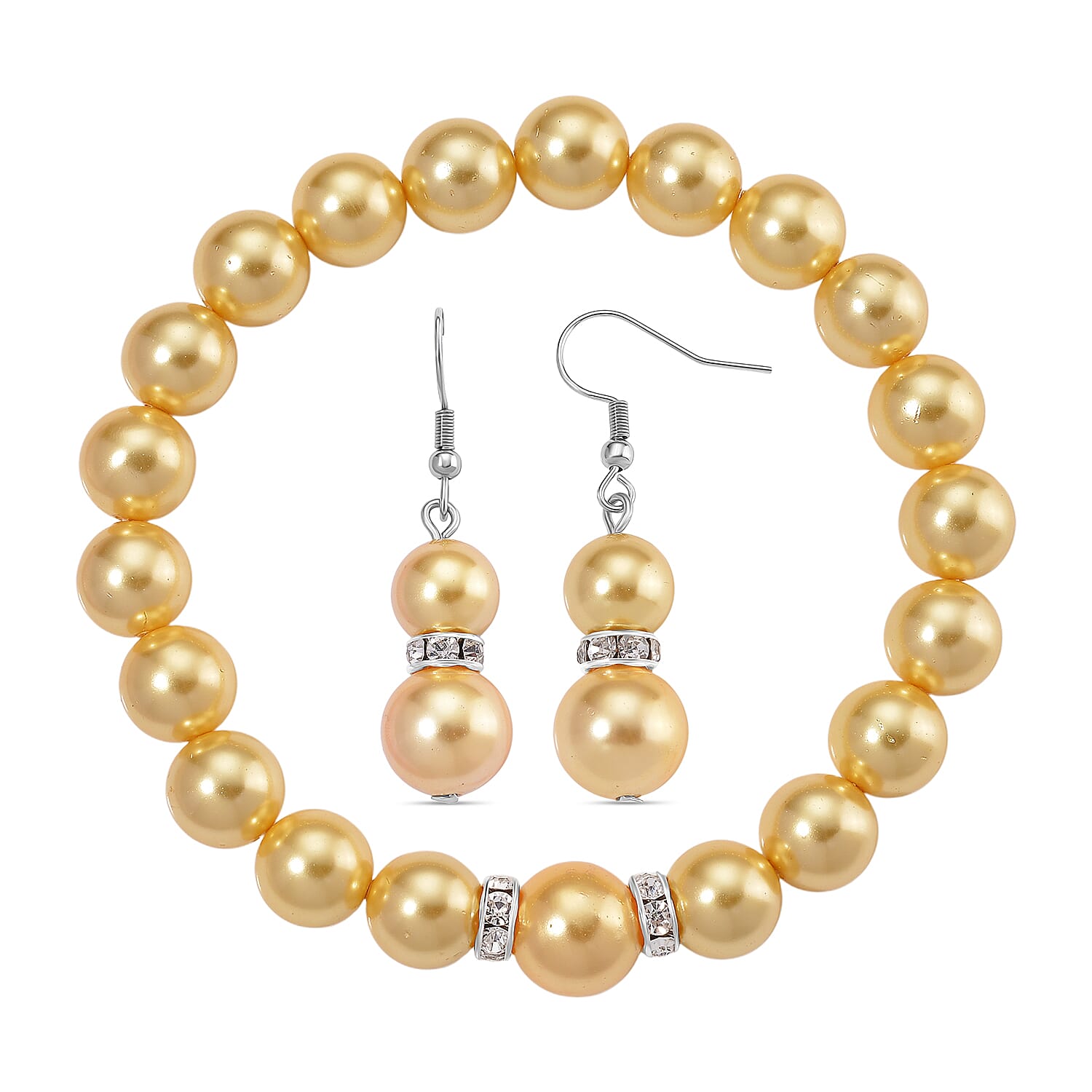 2 Piece Set - Golden Shell Pearl & Austrian White Crystal Earring with Hook & Strechable Bracelet (Size - 7.5) 169.00 Ct.