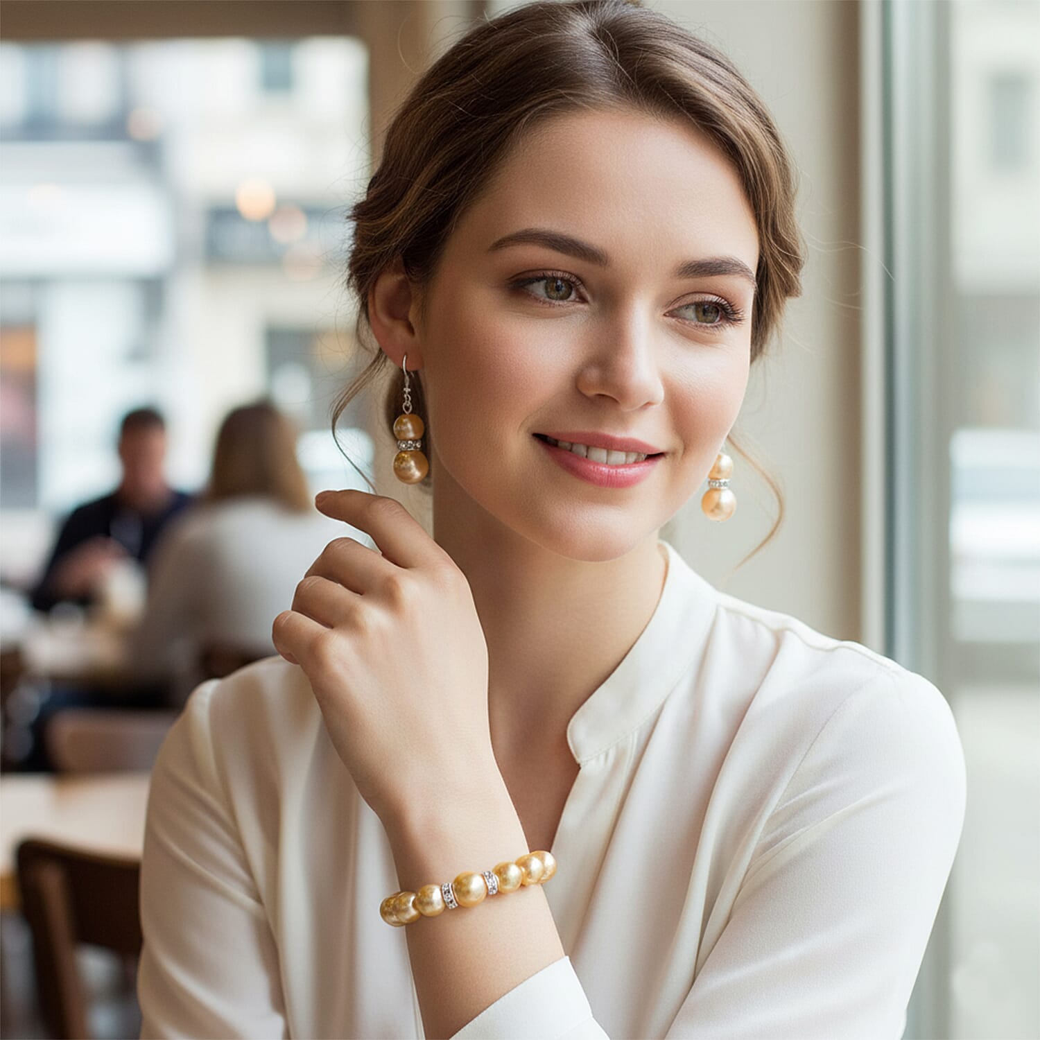 2 Piece Set - Golden Shell Pearl & Austrian White Crystal Earring with Hook & Strechable Bracelet (Size - 7.5) 169.00 Ct.